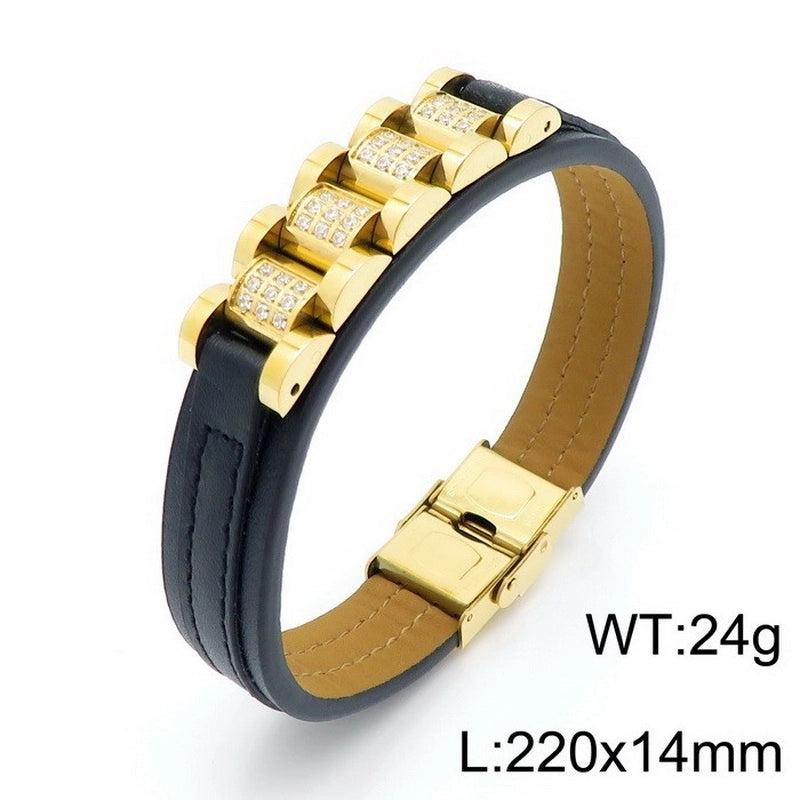 Hip-Hop Retro Color Block Pu Leather Titanium Steel Chain 18K Gold Plated Men’s Bangle