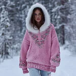 Women's  Bohemian Style Pink Rose Art Warm Hooded Knitted Sweater - Image 2