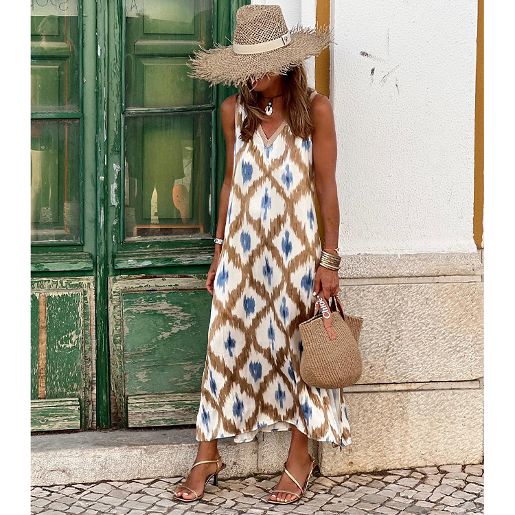 V Neck Retro Printed Slit Dress