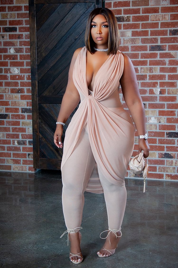 Deep V Neck Wrapped Mesh See Through Sleeveless Jumpsuit