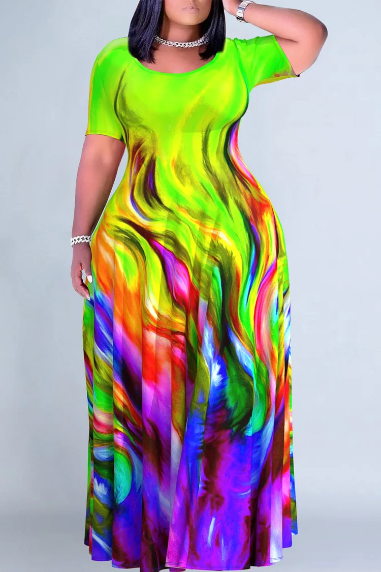 Plus Size Casual Fluorescent Neon Green Water Ripples Print Round Neck Short Sleeve Maxi Dress