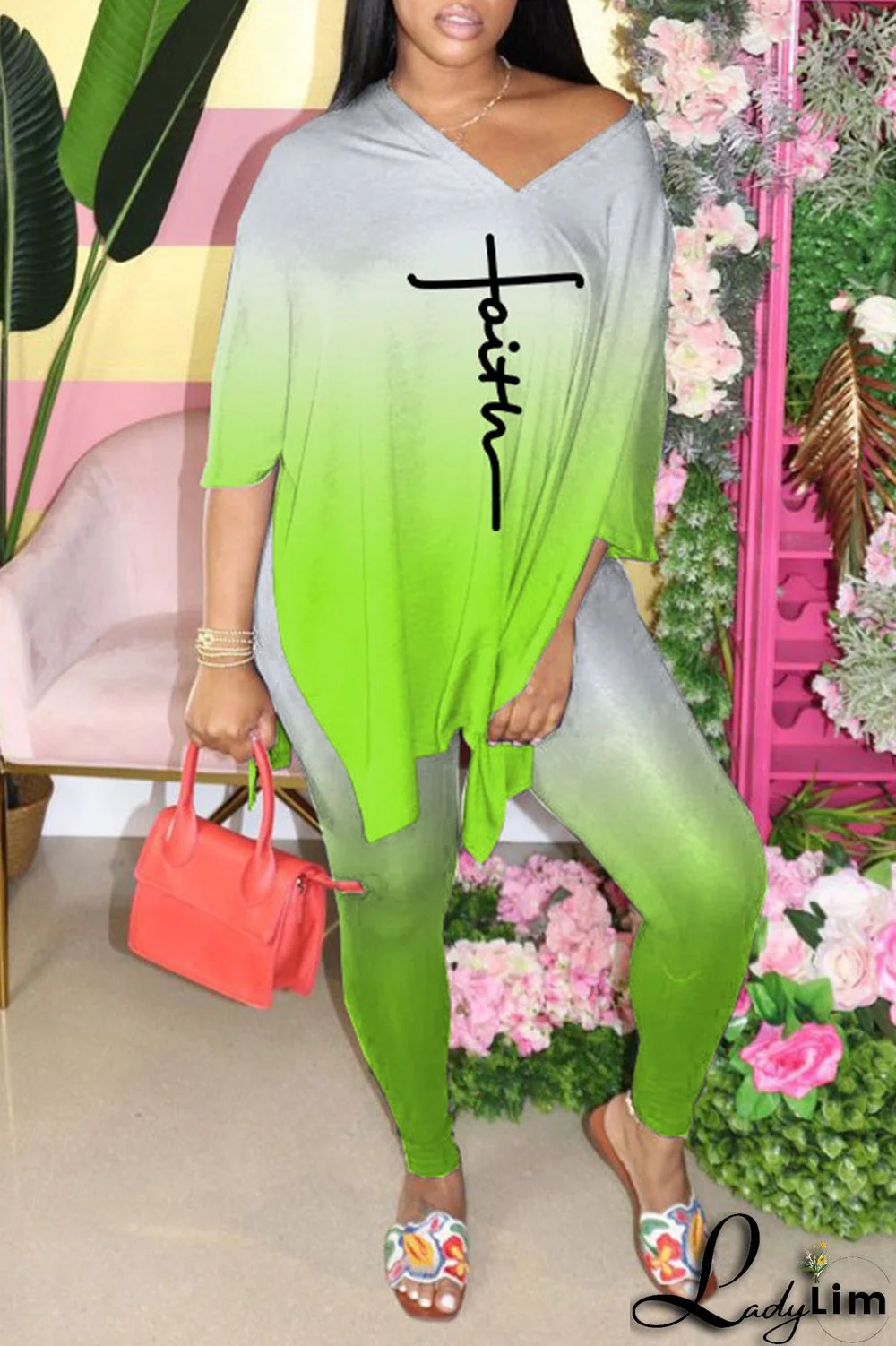 Black Casual Gradual Change Print Patchwork Slit V Neck Half Sleeve Two Pieces