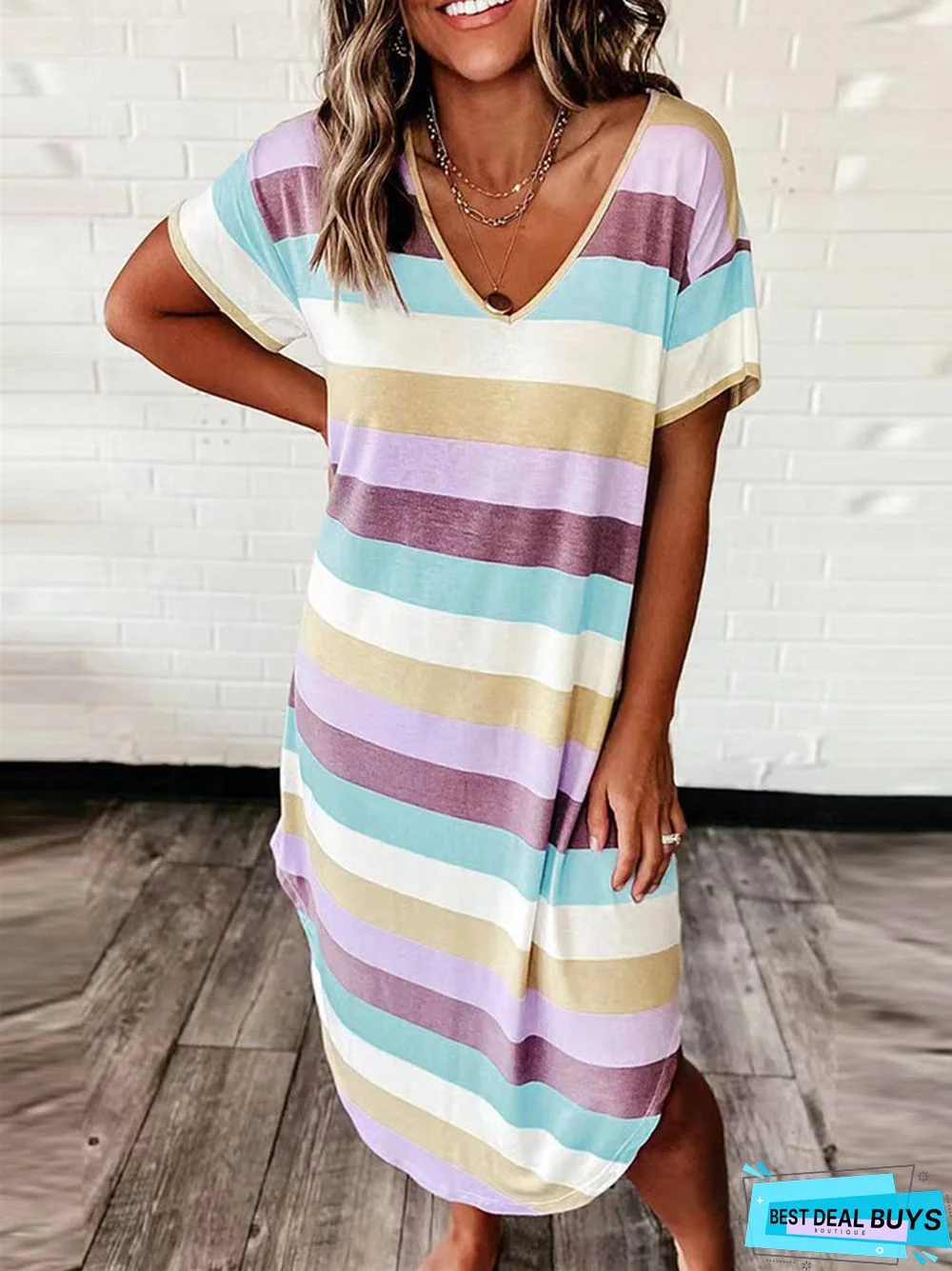 Loose Striped Printed Short Sleeved Jumpsuit Dress