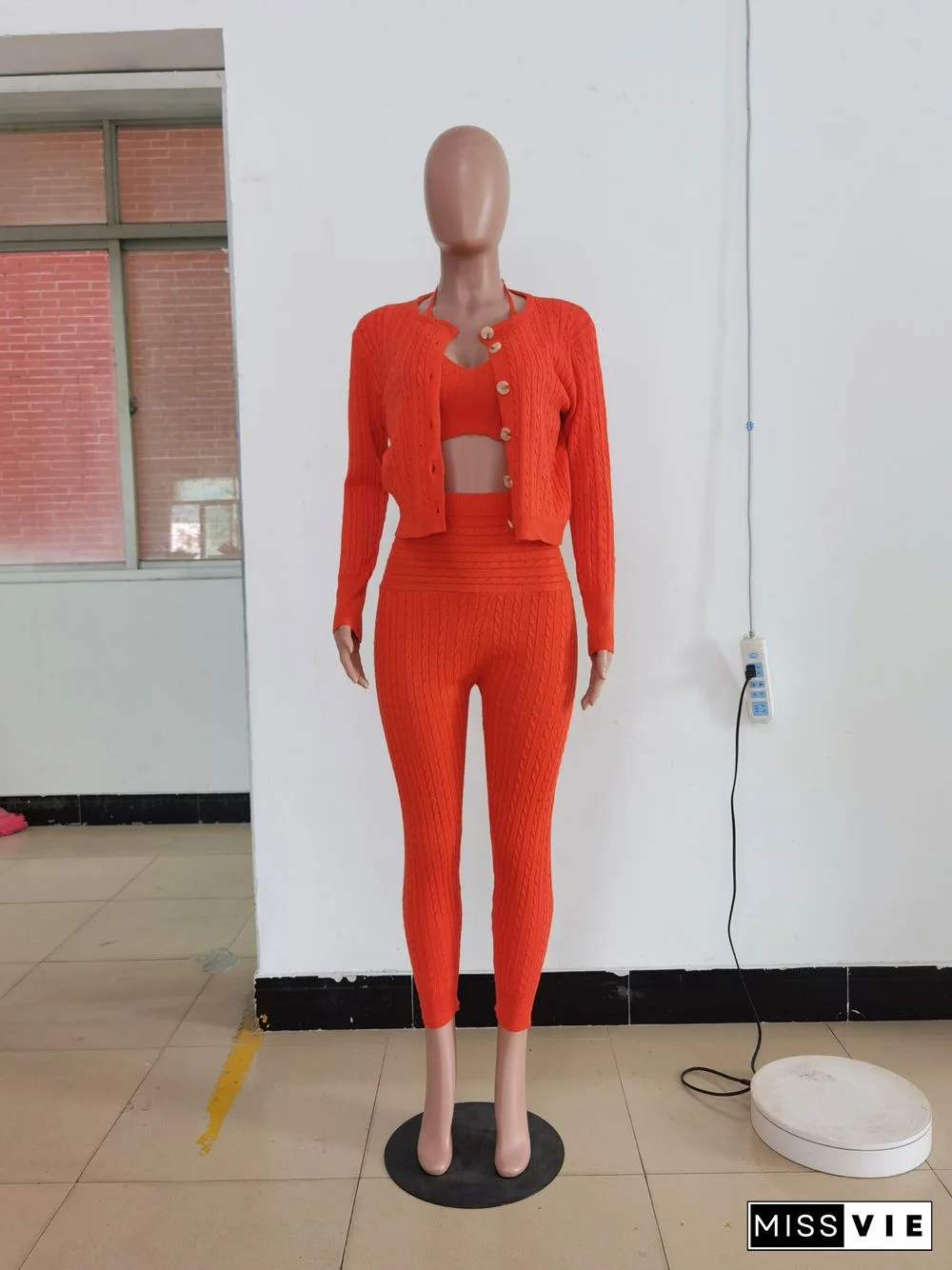 Solid Color Hand Knit Sweater Cardigan Three Piece Set