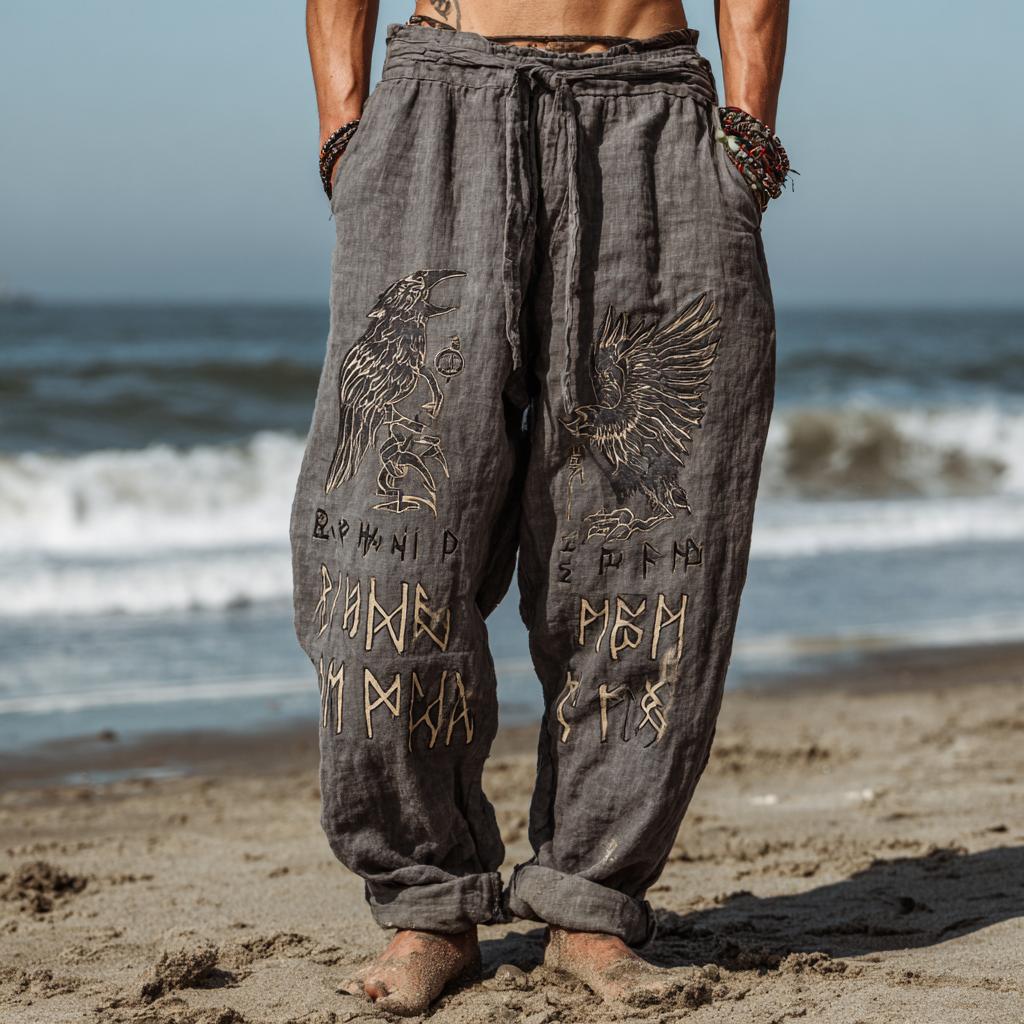 Men's Viking Mystical Runes Raven Totem Summer Casual Pants / Rvogue / Rvogue