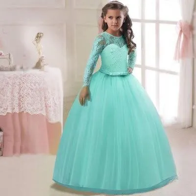 2021 Ankle Length Lace Long Sleeve Ruffle Long Dress Piano Party Performance Costume Little Girl Princess Dress