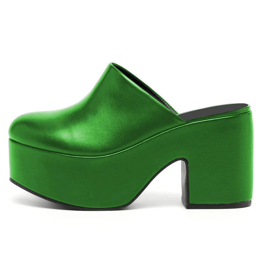 Classic Vegan Leather Round Toe Platform Block Heeled Mules in Green
