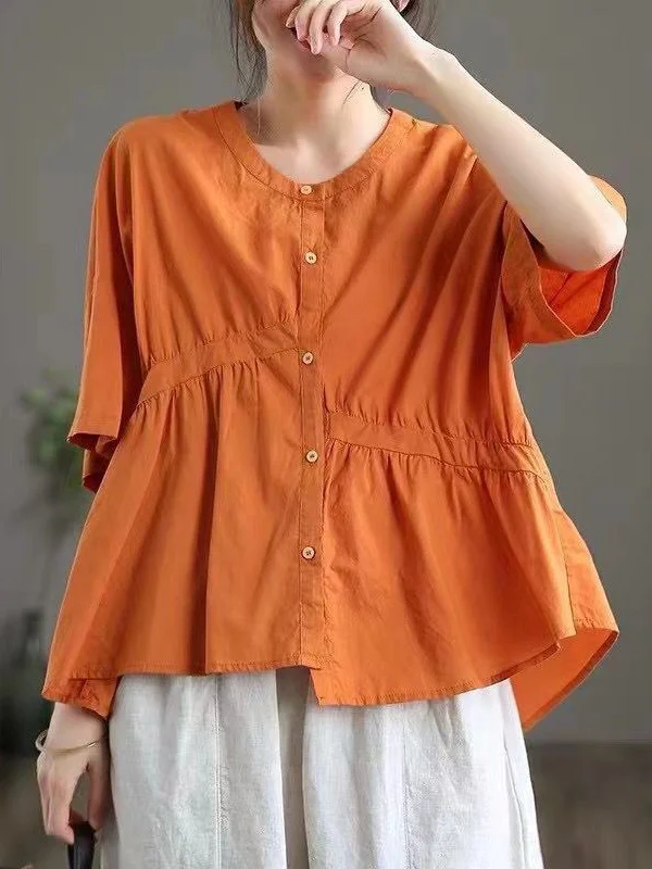 6 Colors Roomy Pure Color Split-Joint Pleated Blouse