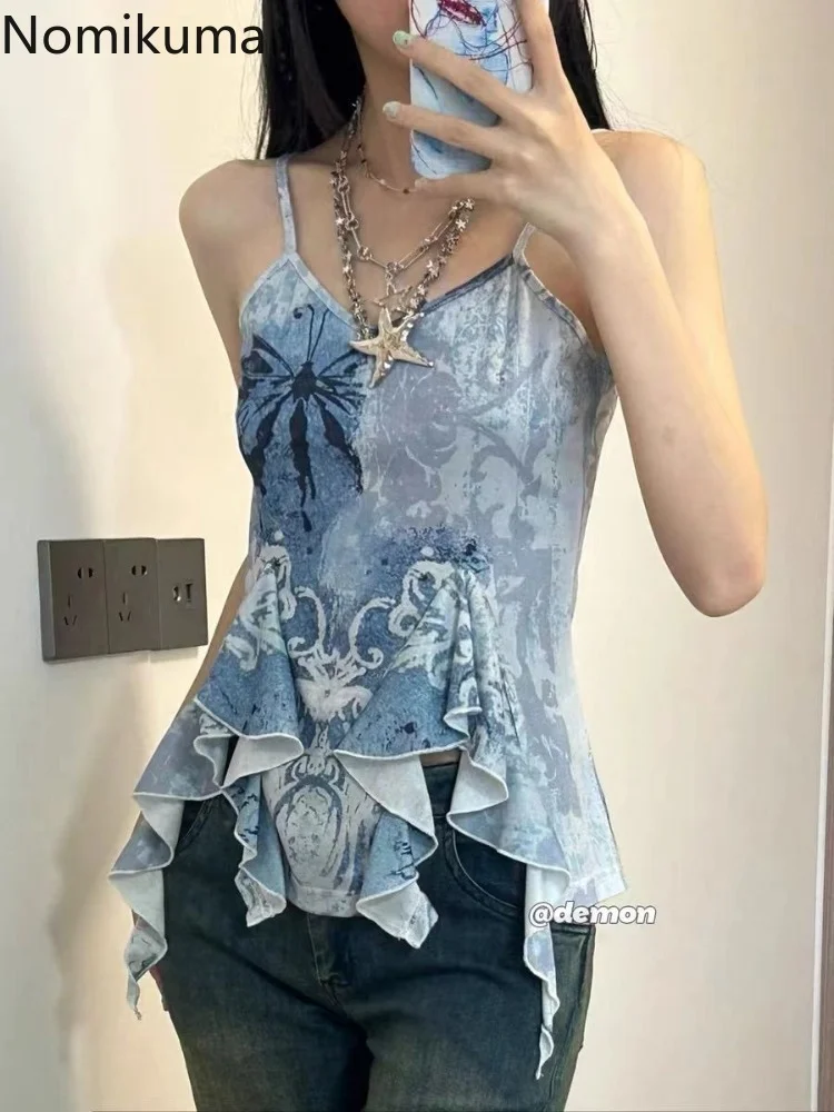 Wongn Crop Tops Women's Clothing Fashion Summer Vest Floral Ruffles Tunic Backless Camis Korean Irregular Y2k Tanks Ropa Mujer