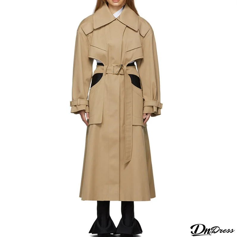 Women Fall Turndown Collar Tie Cutout Long Trench Coat
