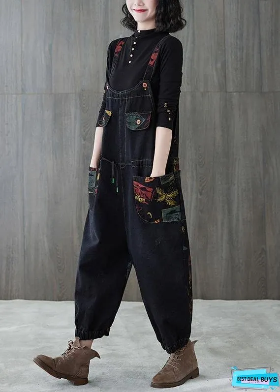 Vivid Denim Black Casual Pants Loose Spring Jumpsuit Pants