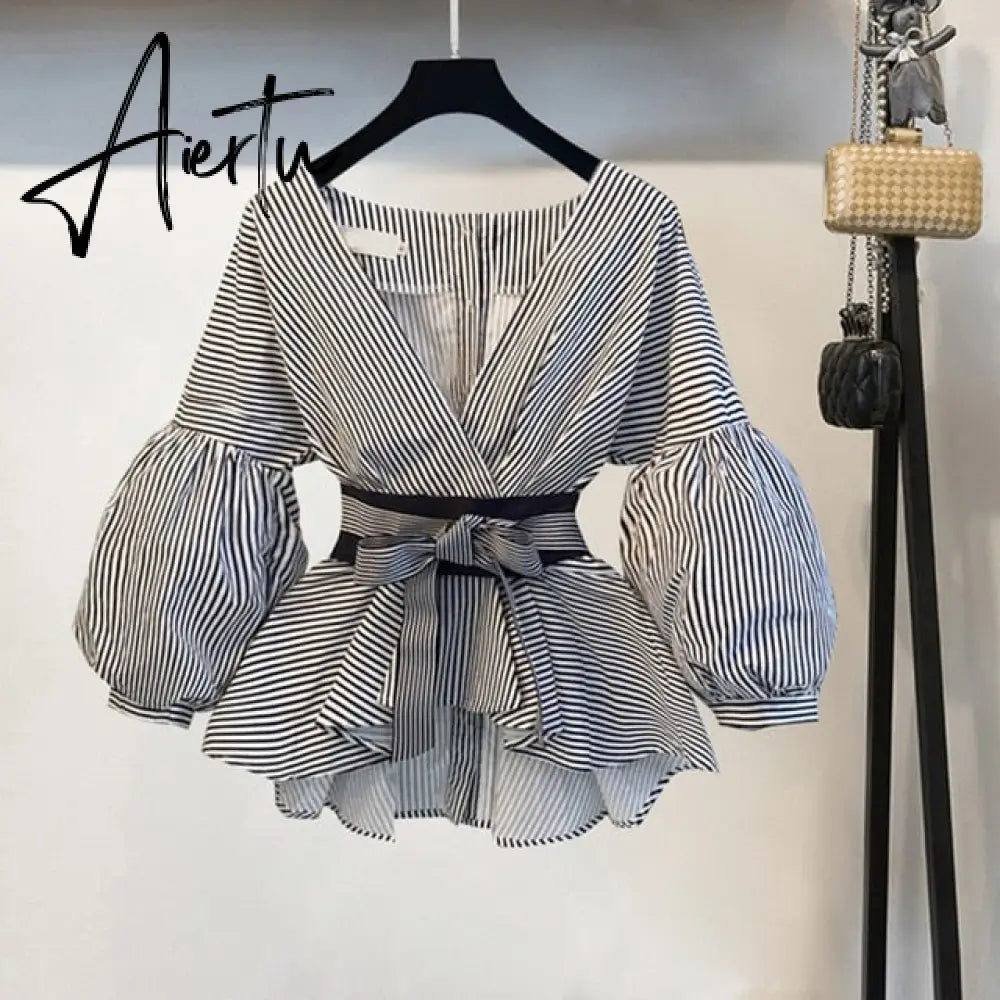 Aiertu Lantern Sleeve Blouse Shirt Women Fashion Korean Style Summer Bow V-neck Striped Shirt Elegant Ladies Tops Female Clothing Aiertu