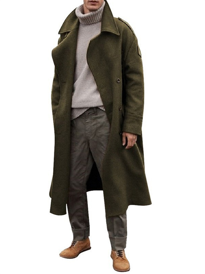 Casual Loose Men's Solid Color Single-breasted Lapel Extended Section Trench Coat Men's Coat Over The Knee Windbreaker