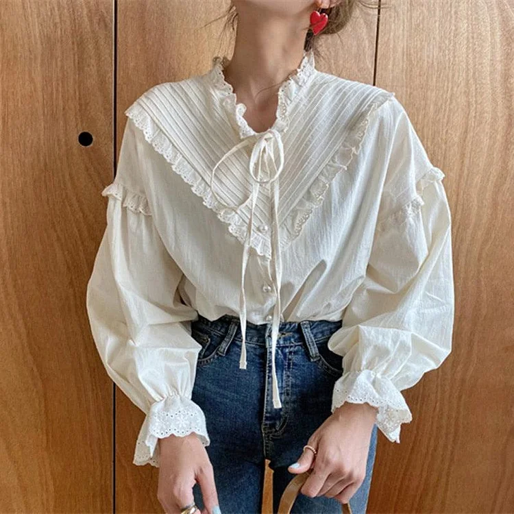 Retro Stand Collar Lacing Ruffled Lace Panel Single Breasted Long Sleeve Blouse