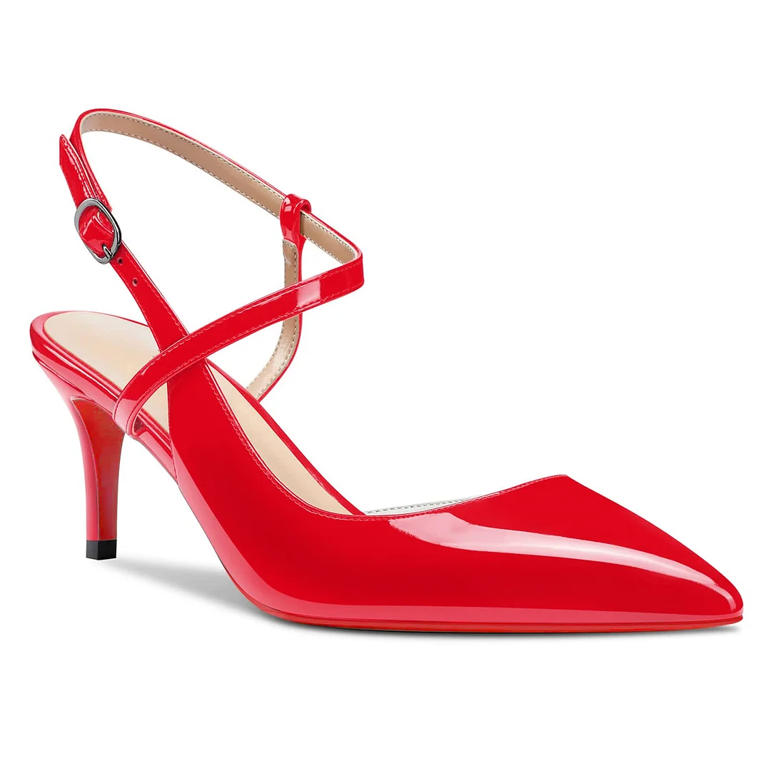 65mm Women Slingback Pumps Ankle Strap Jenlove Stiletto Mid Heel Close Pointed Toe Dress Red Bottoms Shoes-vocosishoes
