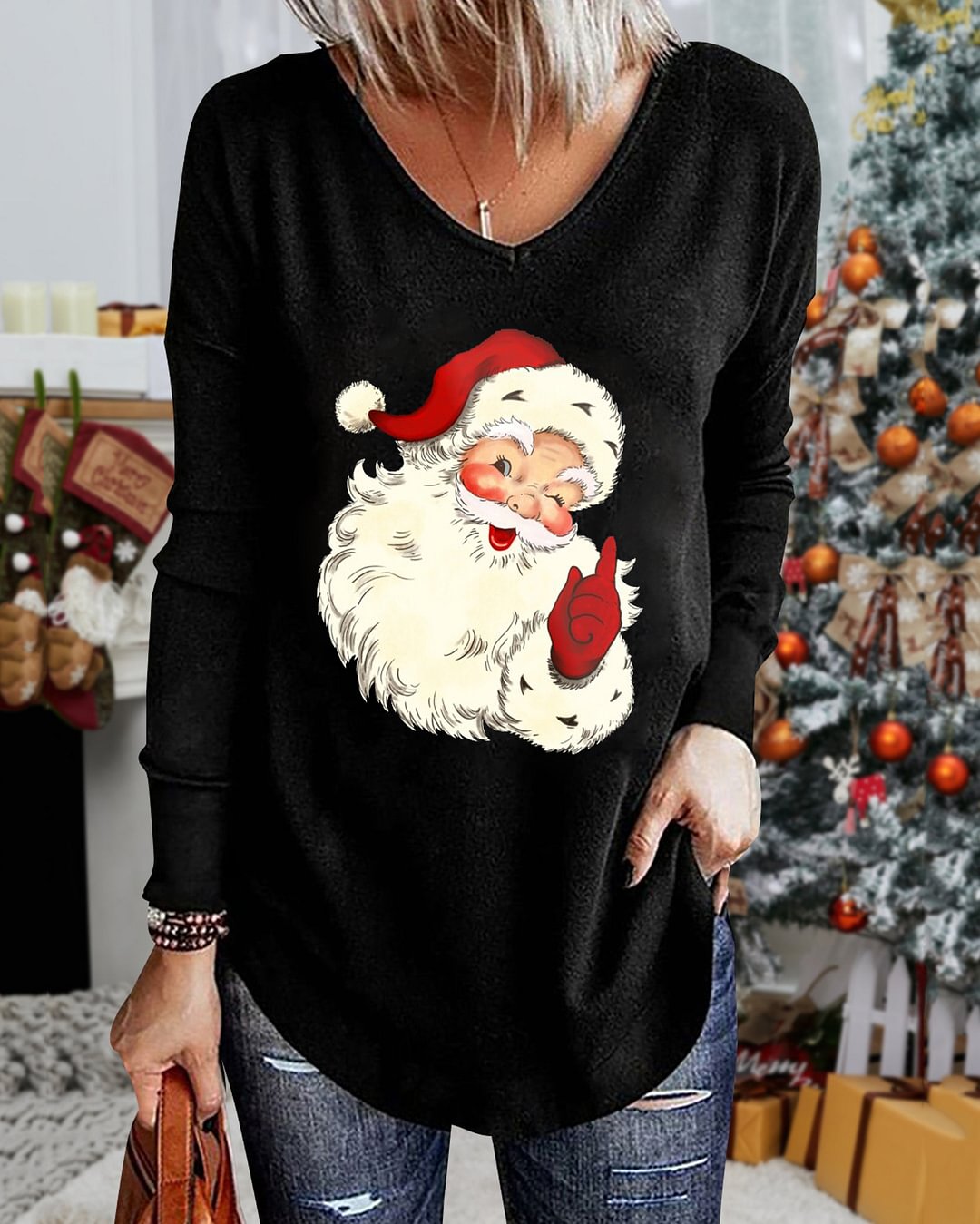 Yayoins Women Santa Claus Print V-Neck Long Sleeve T-Shirt
