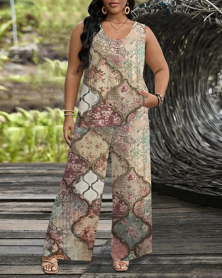 Retro Prints Round Neck Sleeveless Top and Straight-Leg Casual Pants Set
