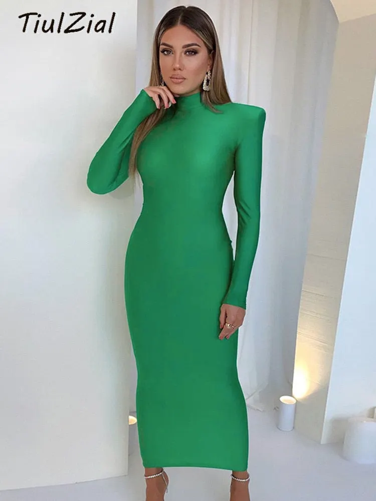Basic Black Midi Bodycon Dress Autumn Stretchy Long Sleeve Turtleneck Dress 2022 Club Party Dresses Women Green Blue