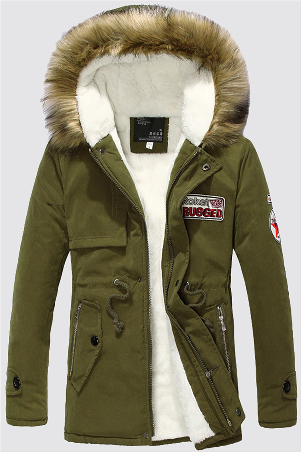 Army Green Casual Patchwork Draw String Zipper Hooded Collar Outerwear