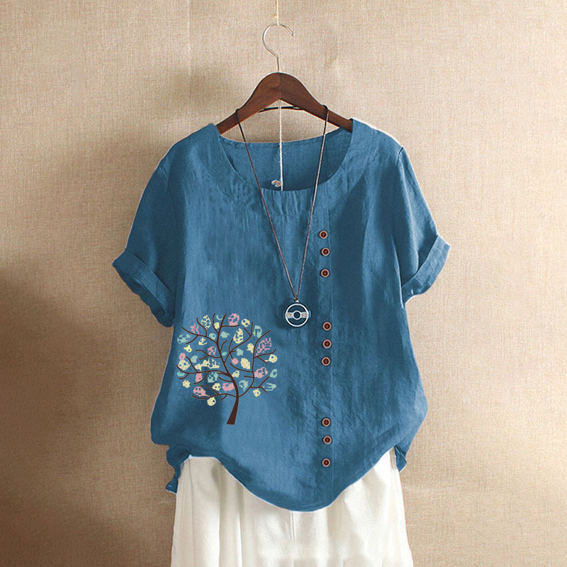 Northwnidgrp Round Neck Short Sleeved Pullover Shirt 2025 Women's Summer Retro Casual Loose Cotton Linen Pullover Large Blouses