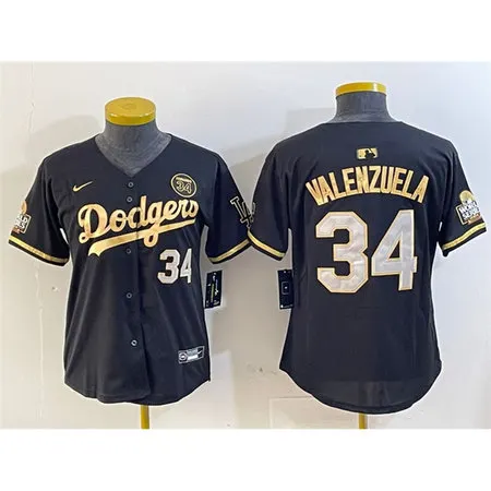Women's Los Angeles Dodgers #34 Fernando Valenzuela Black 2024 World Series With Fernando Patch Vapor Limited Stitched Baseball Jersey