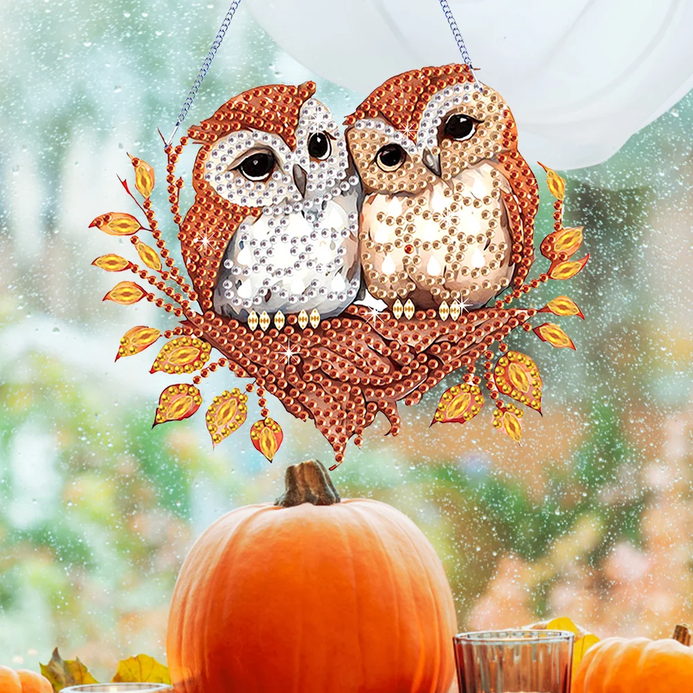 DIY Autumn Owl Special Shape Diamond Painting Hanging Pendant
