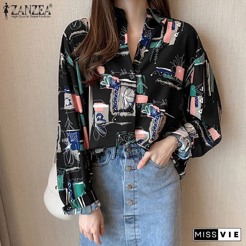 Blouse Women Retro Female Printed Single-breasted Spring Button Straight Long-sleeve Vintage Shirt Top
