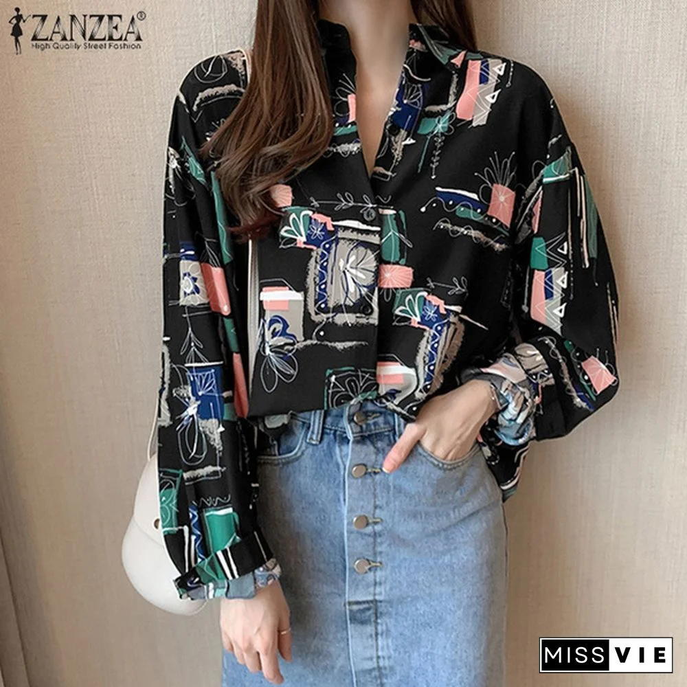 Blouse Women Retro Female Printed Single-breasted Spring Button Straight Long-sleeve Vintage Shirt Top
