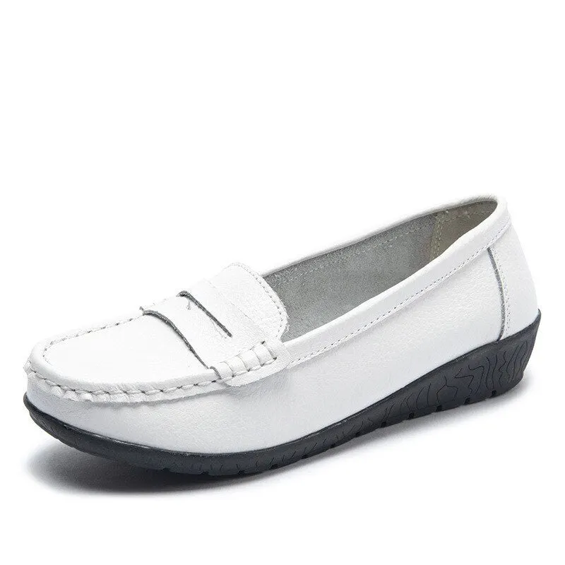Women Flats Slip On Soft Loafers Women Genuine Leather Shoes Platform Nurse Ladies Flat Shoes Wedge White Zapatos De Mujer