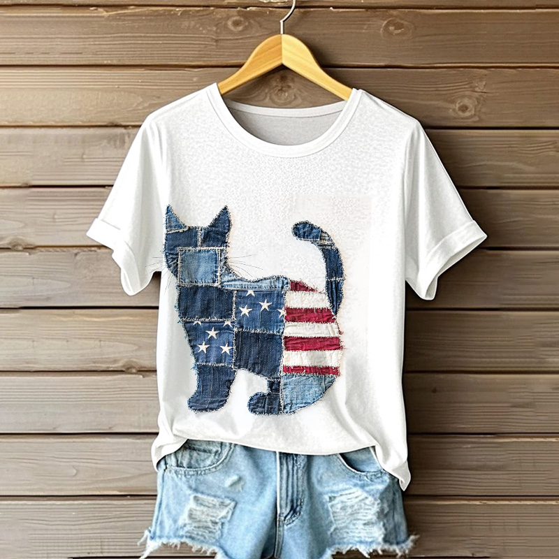 Cat Silhouette American Flag Denim Patchwork T Shirt wearshes
