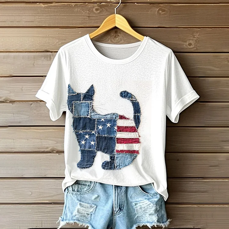 Utbros Cat Silhouette American Flag Denim Patchwork T Shirt