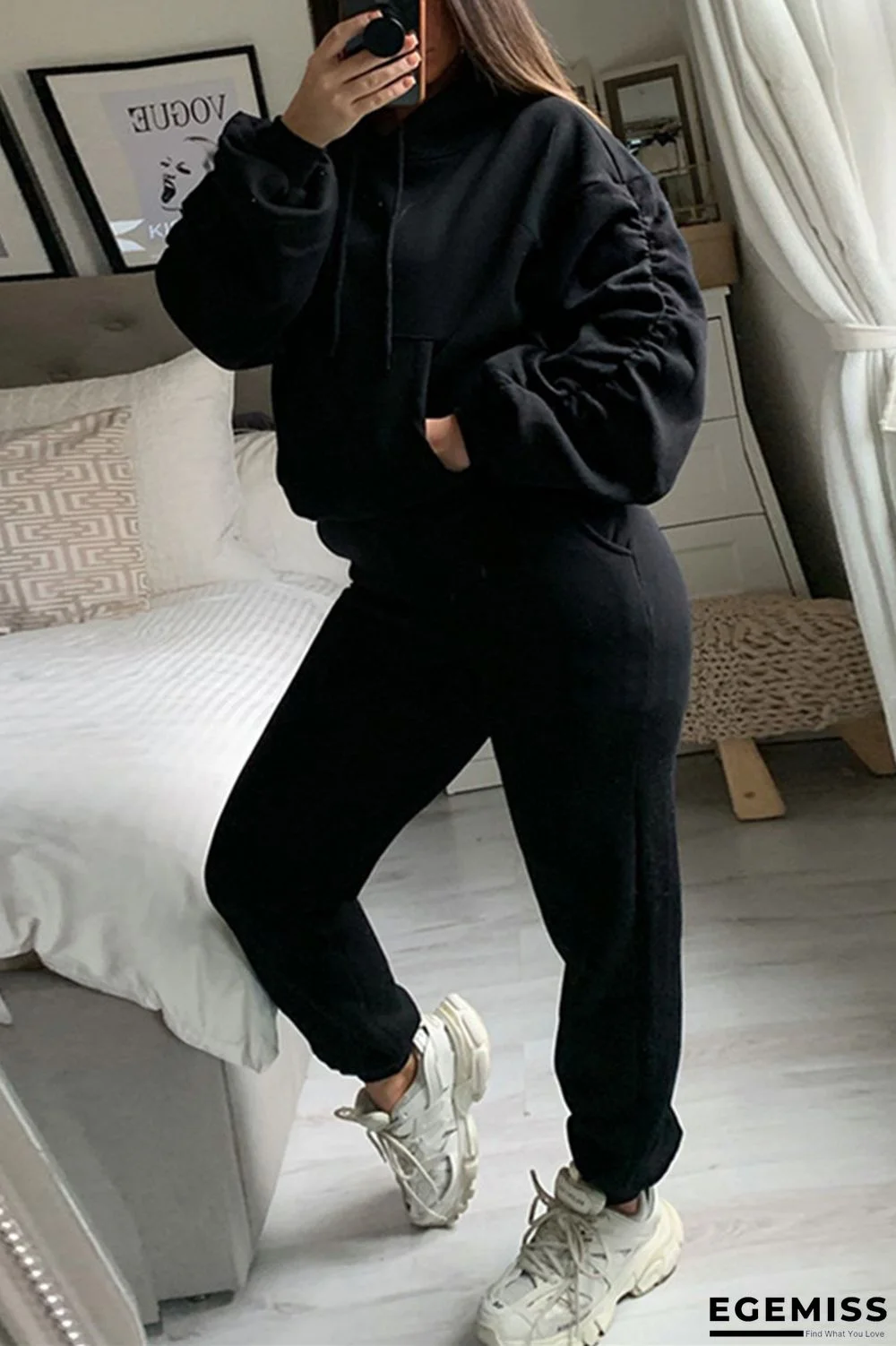 Black Fashion Casual Solid Basic Hooded Collar Long Sleeve Two Pieces | EGEMISS