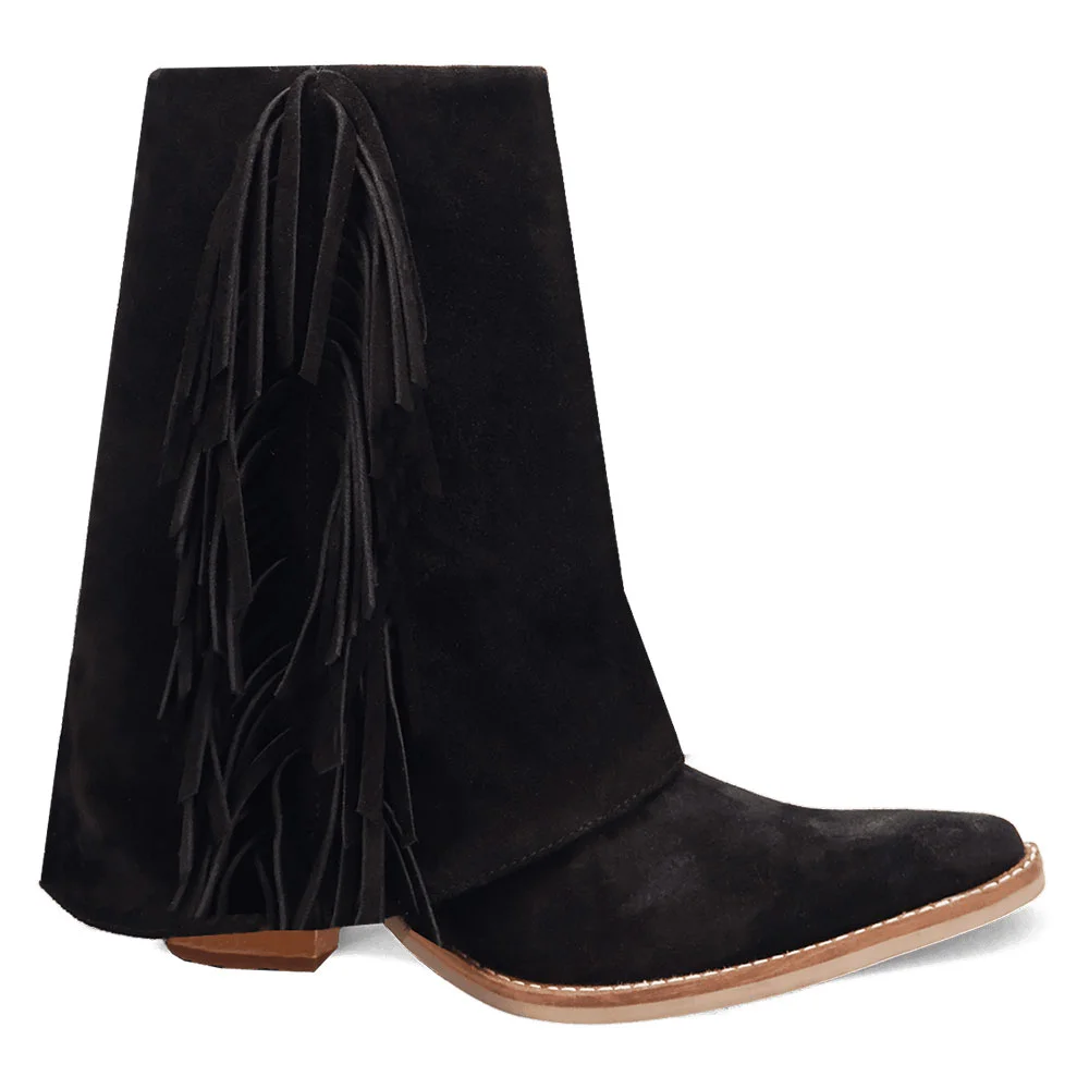 Black Vegan Suede Almond Toe Chunky Heel Fringe Fold Over Boots