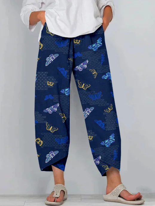 Sashiko Moths Japanese Art Cropped Casual Pants