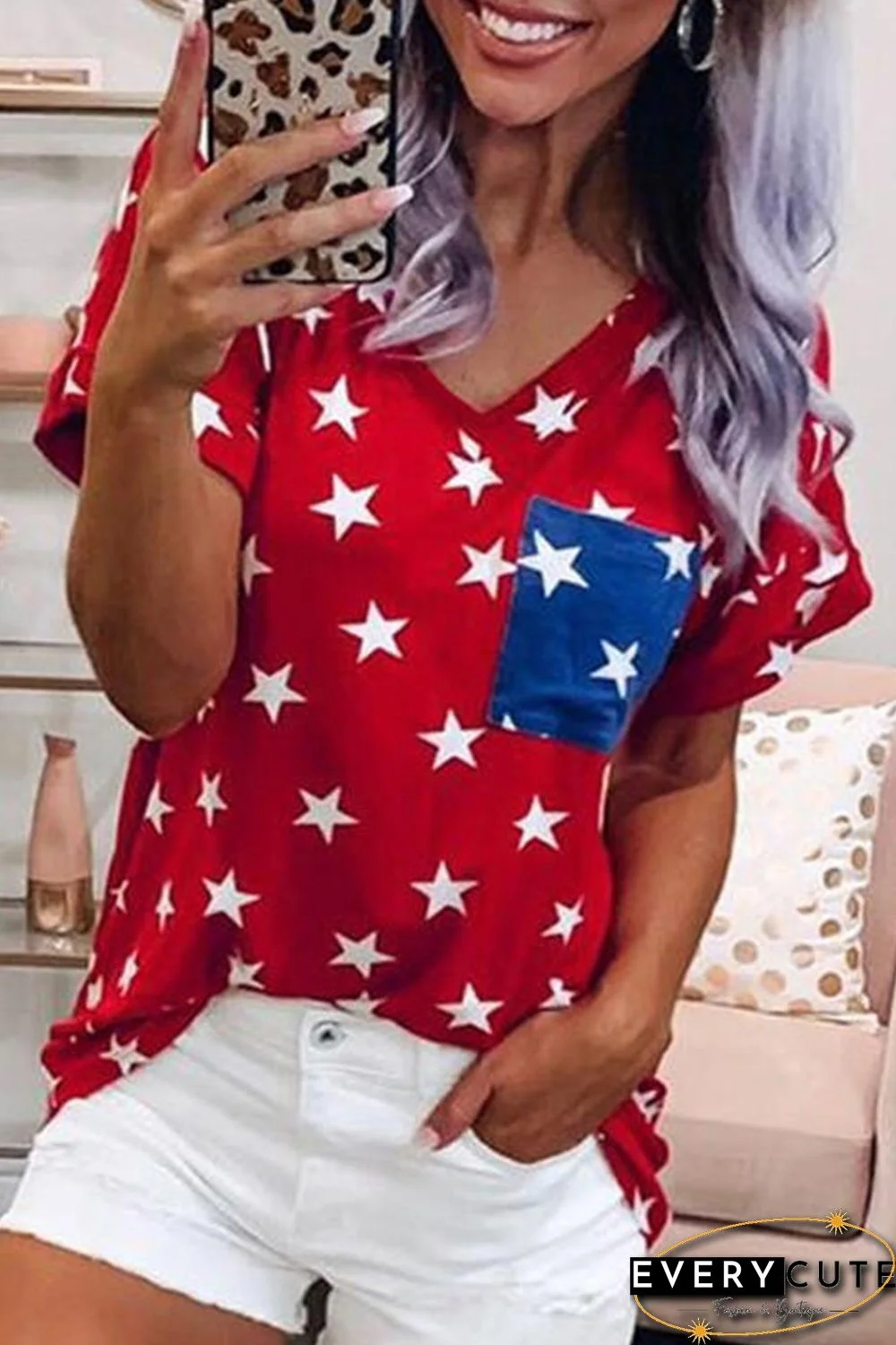 USA Star Print Patch Pocket Red T-shirt