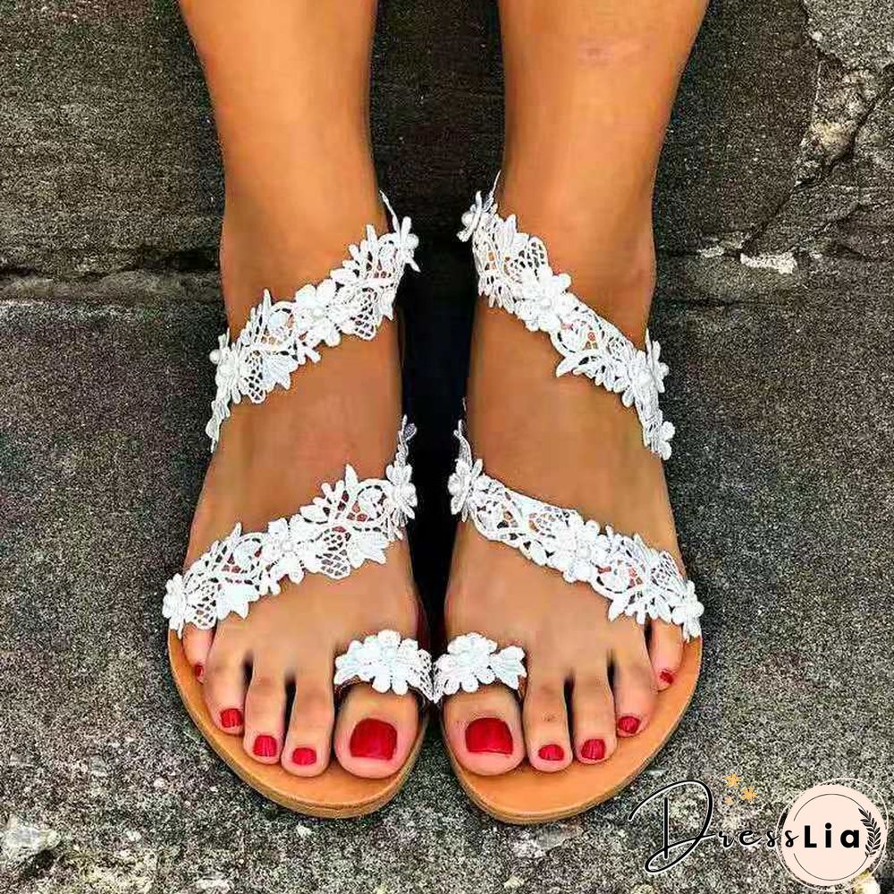 White Lace Sandals Women Flip Flops Flat Sandals Women Bohemia Beach Shoes Women Plus Size Summer Fashion Woman WSH3628