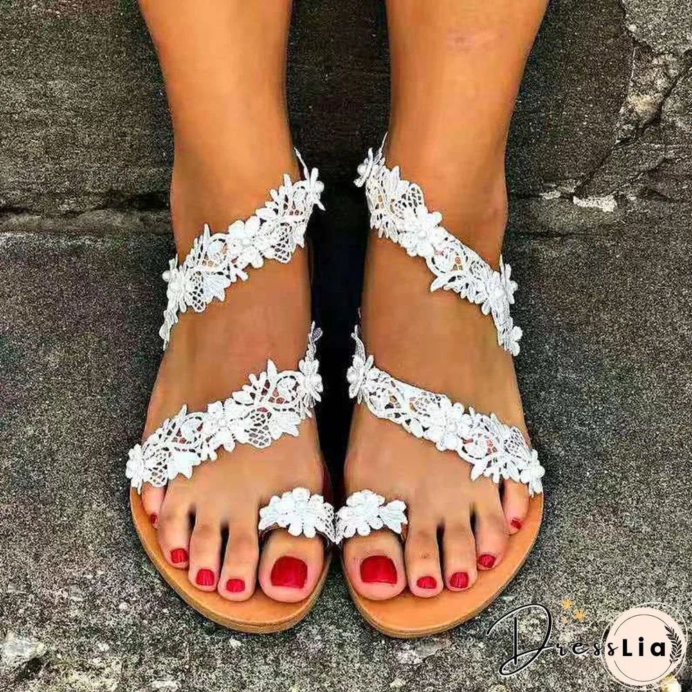 White Lace Sandals Women Flip Flops Flat Sandals Women Bohemia Beach Shoes Women Plus Size Summer Fashion Woman WSH3628