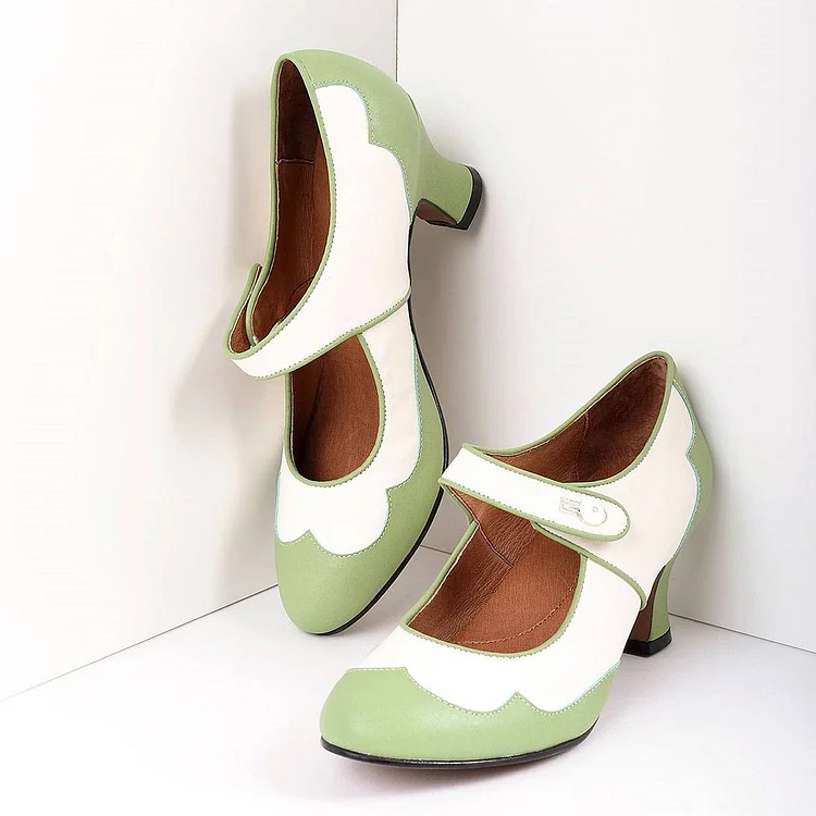 Vintage Green & White Round Toe Block Heel Mary Jane Pumps |FSJ Shoes
