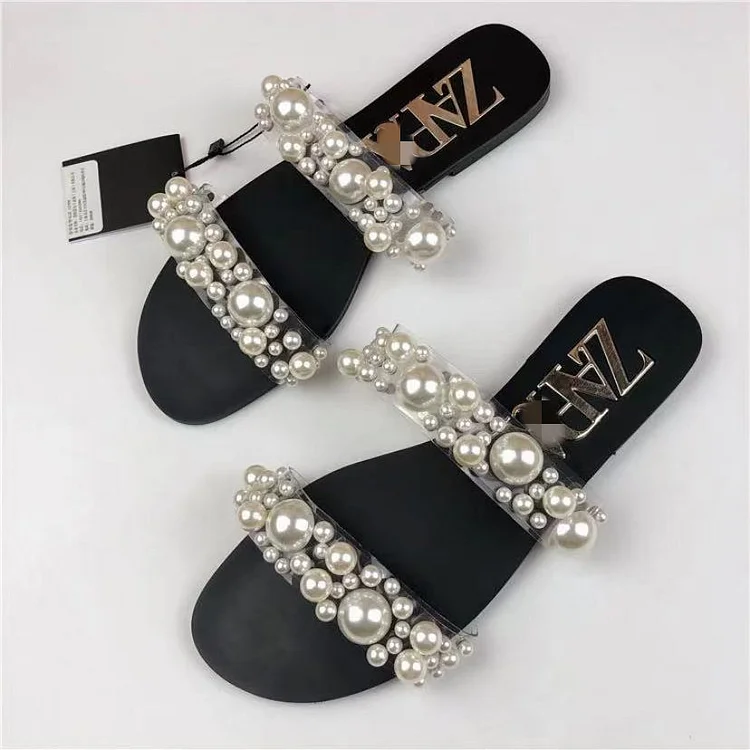 Daily Pearl Transparent Flat Sandals Slippers-Black