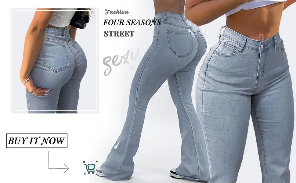 GILIPUR Y2K Women's High Waist Flare Leg Jeans, Casual Button Fly Pocket Design Bell Bottom Denim Pants, Women's Bottoms for Daily Wear, Kardashian Style, 000 Jeans, Light Wash