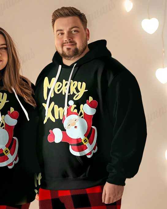 Couple Matching Plus Size Merry Xmas Hoodie Plaid Sweatpants Set
