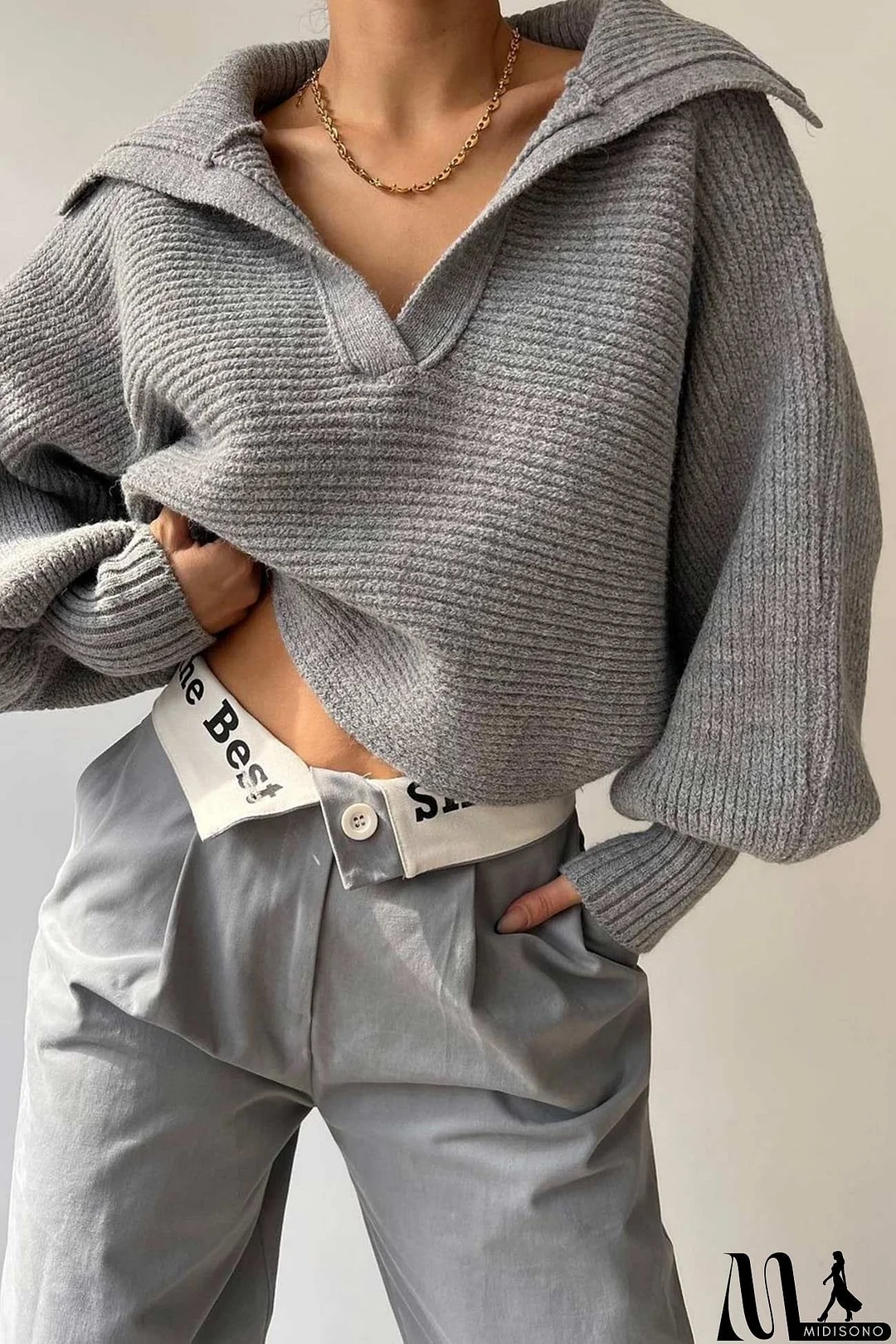 MidiSono - Lapel V Neck Puff Sleeve Sweater