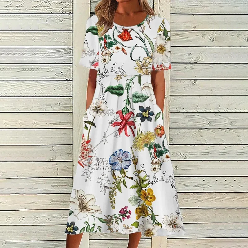 Vacation Casual Pocket Short Sleeve Flower Maxi Dress
