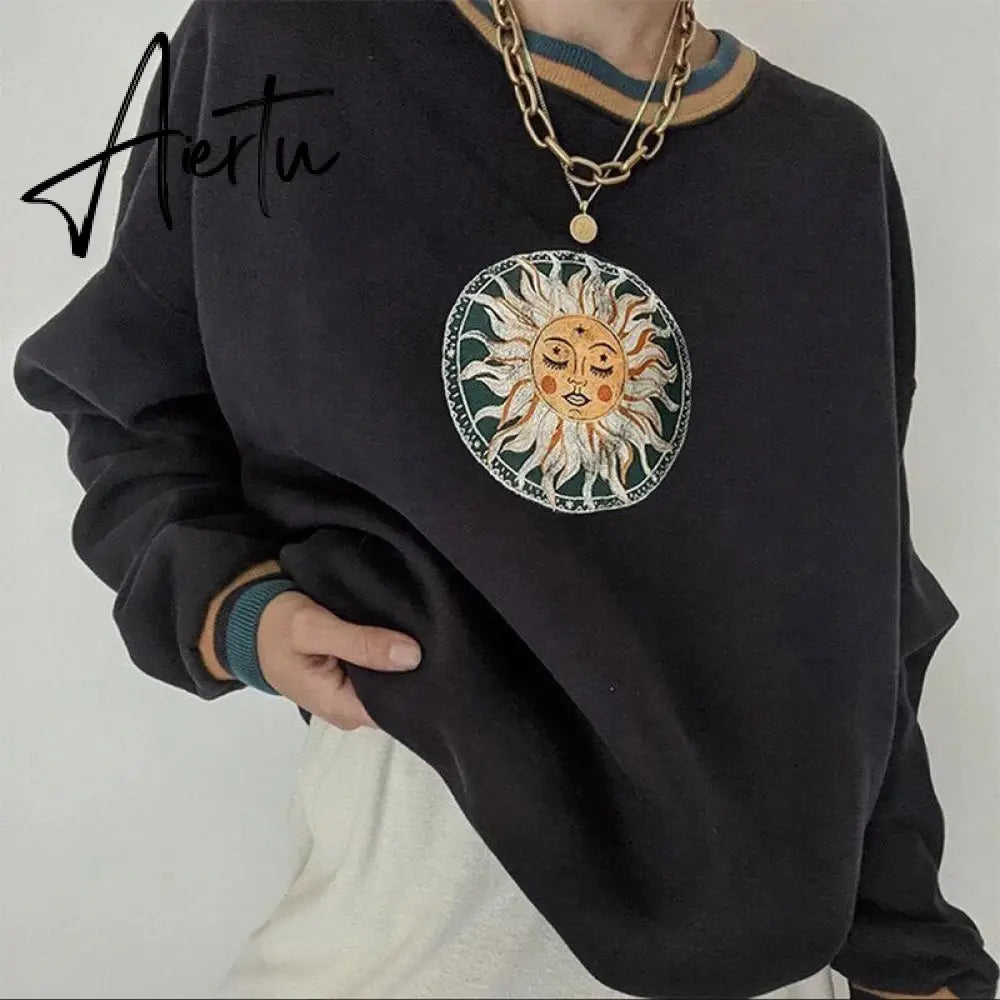 Black Sun Face Vintage Printing Oversized Sweatshirts Women Teen Girls Loose Casual Winter Tops Brand Design New Streetwear Aiertu