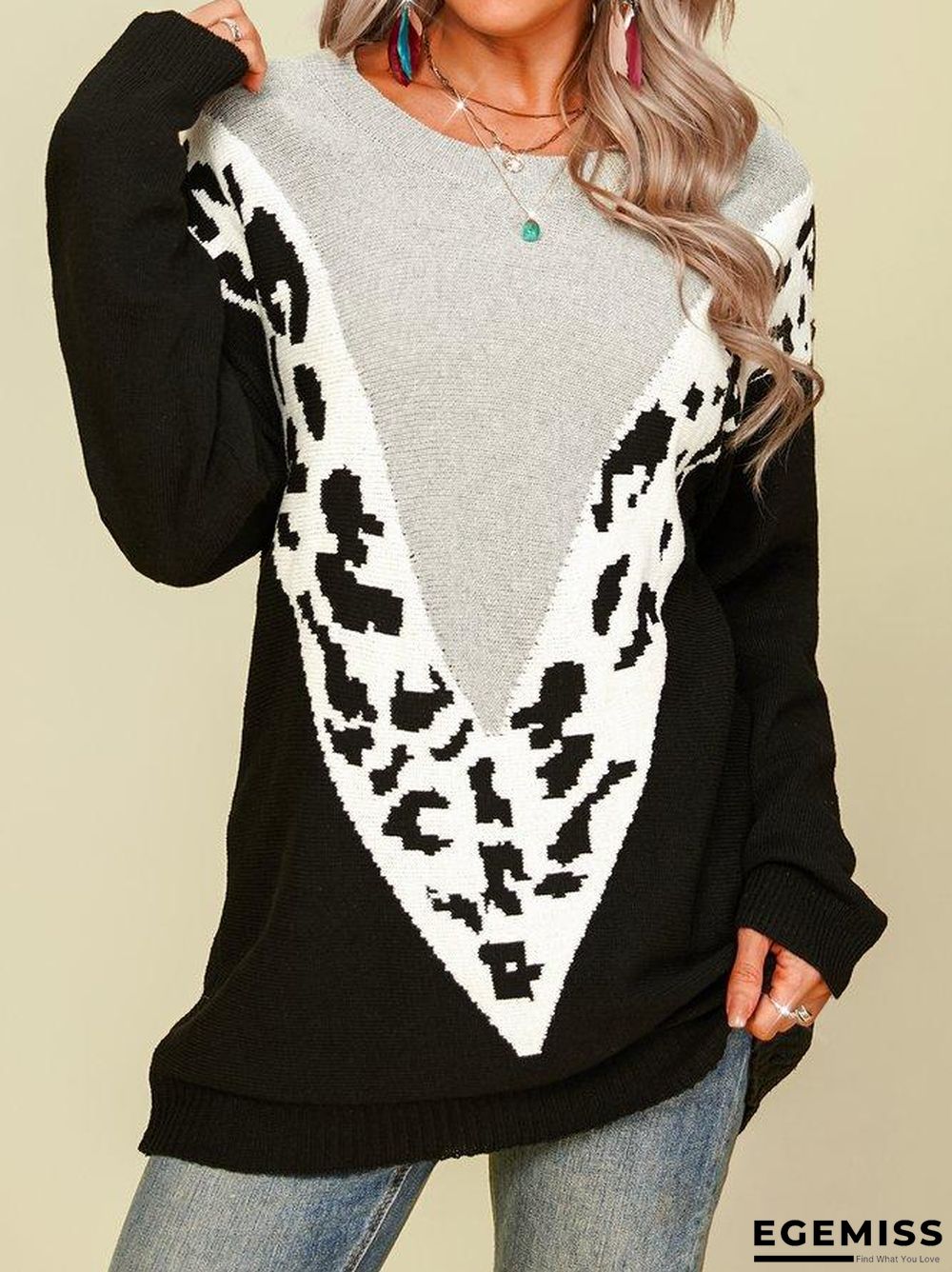 Acrylic Casual Long Sleeve Leopard Sweater | EGEMISS
