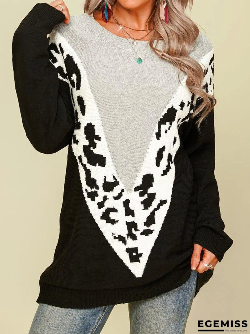 Acrylic Casual Long Sleeve Leopard Sweater | EGEMISS