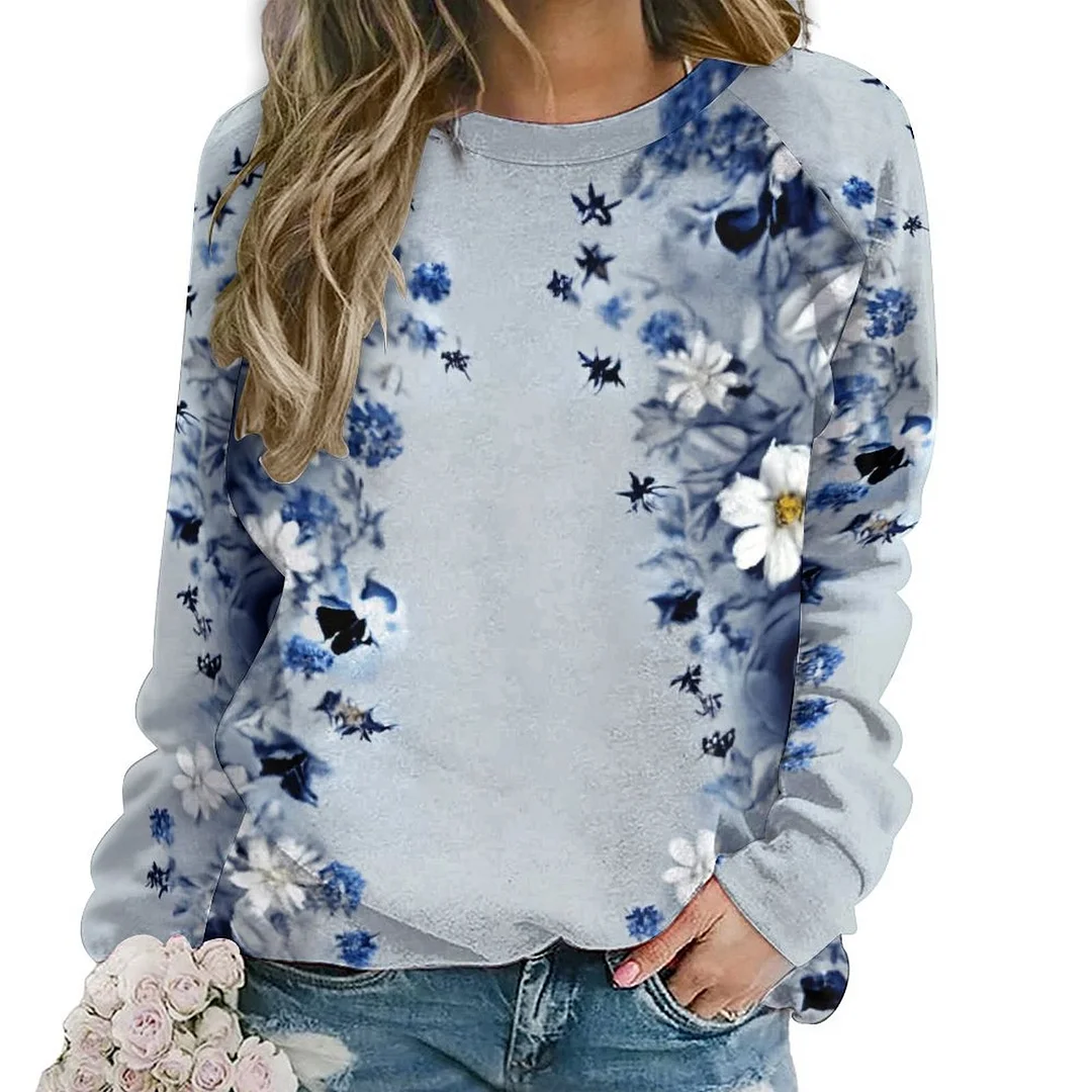 Printed Long Sleeve Casual Sweatshirt for  Women and Men Unisex Pattern Floral, Blue, White
