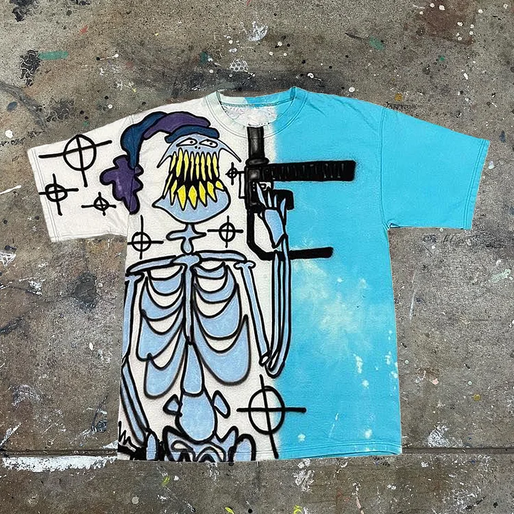 Skull Stitching Color Print Short Sleeve T-Shirt