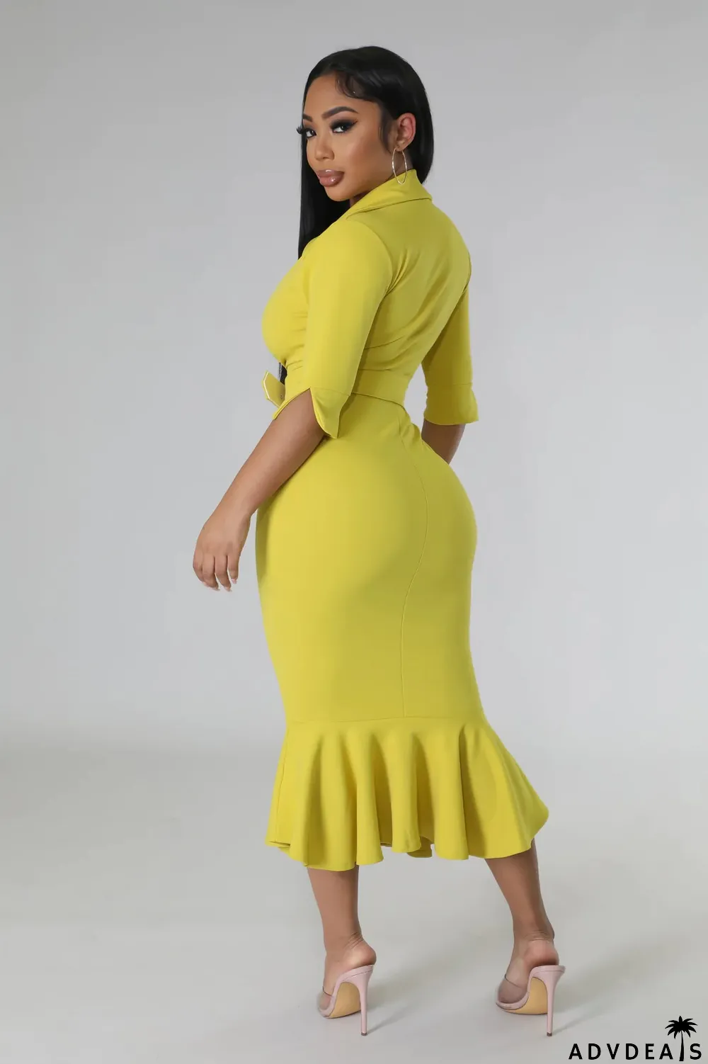 Solid Color Ruffles Waist Belt Midi Dress