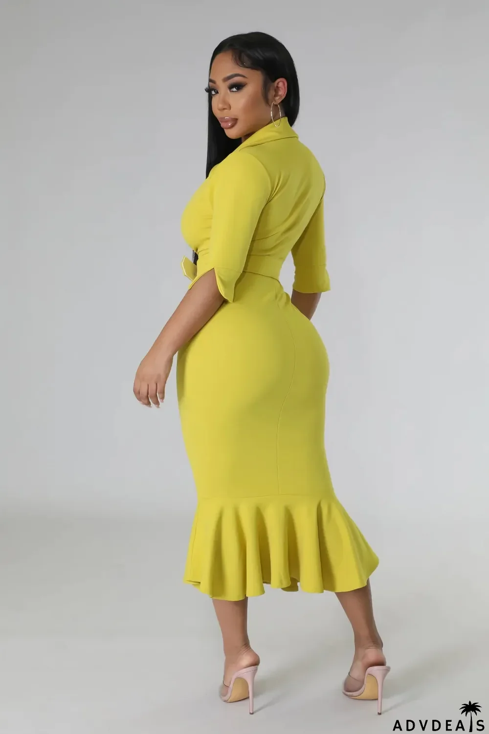 Solid Color Ruffles Waist Belt Midi Dress